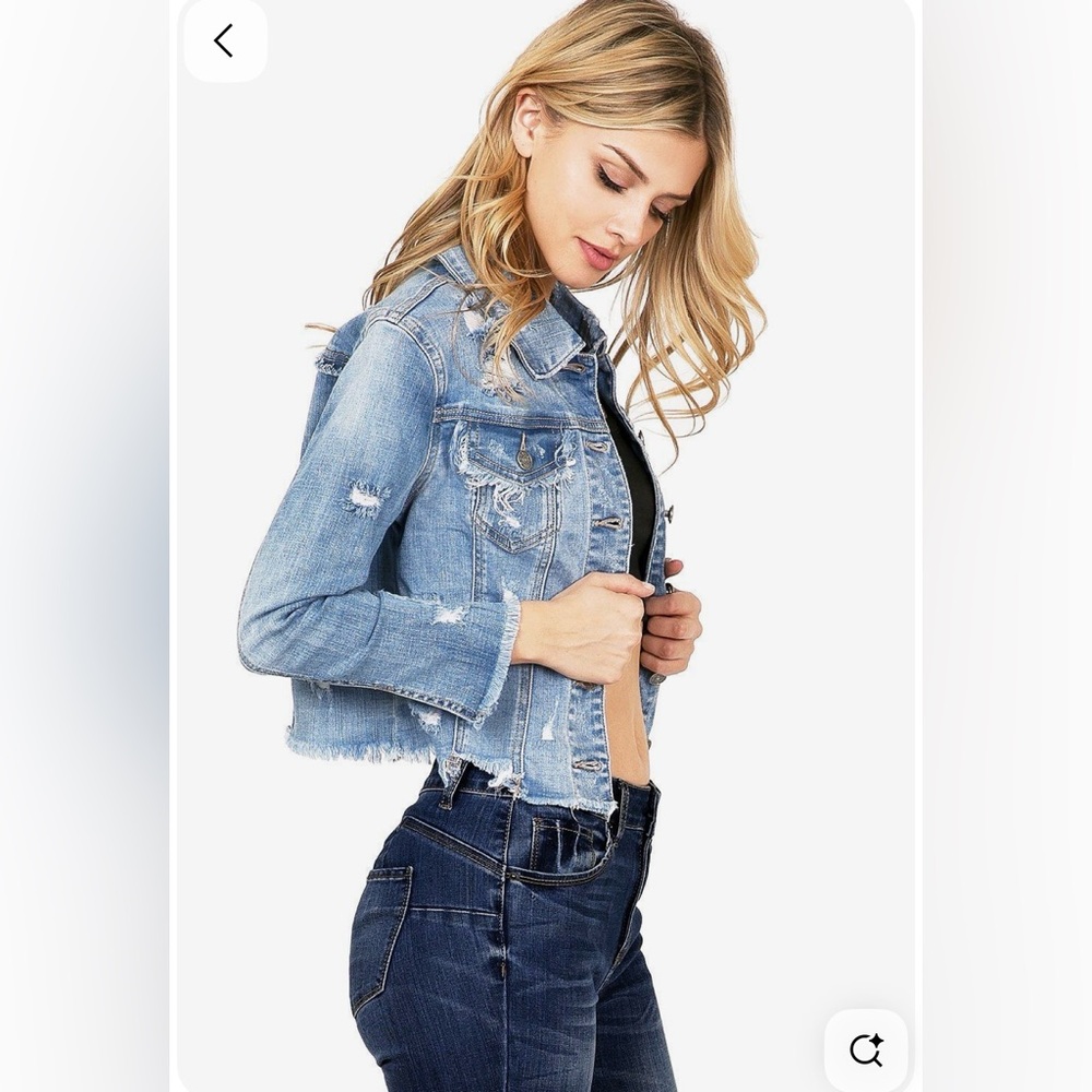 Hidden Distressed Jean Jacket with Sequined Patchwork on the Back - Picture 2 of 5